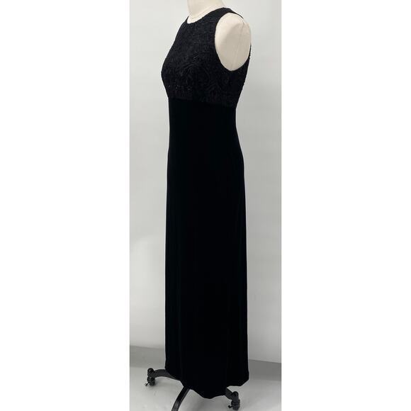 Vintage 90s Beaded Velvet Burnout Maxi Dress Gown High Neck Empire Waist Black 2 - Picture 5 of 9